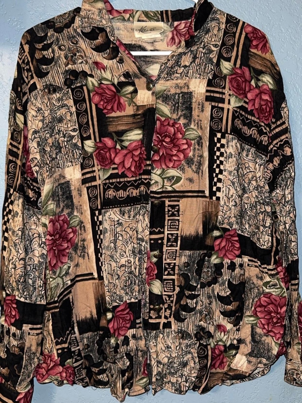 Kathie Lee Collection Black Tan and Burgundy Floral Patchwork Button-Down